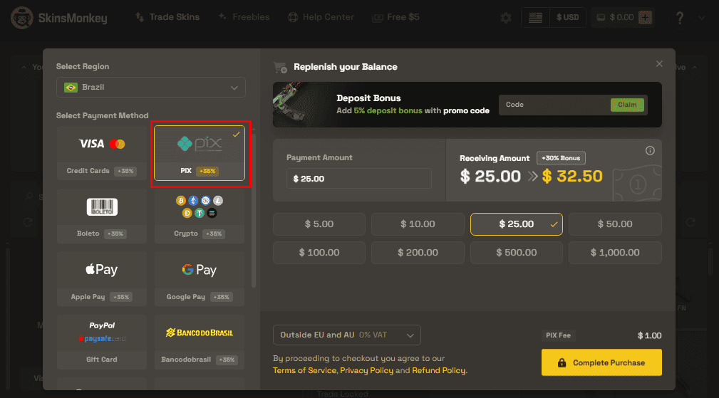 Adicionar Fundos ou Escolher Método de Pagamento