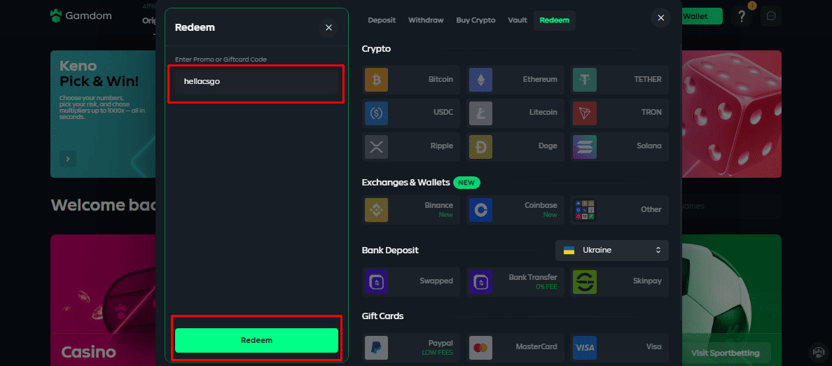 Como funciona o código promocional Gamdom
